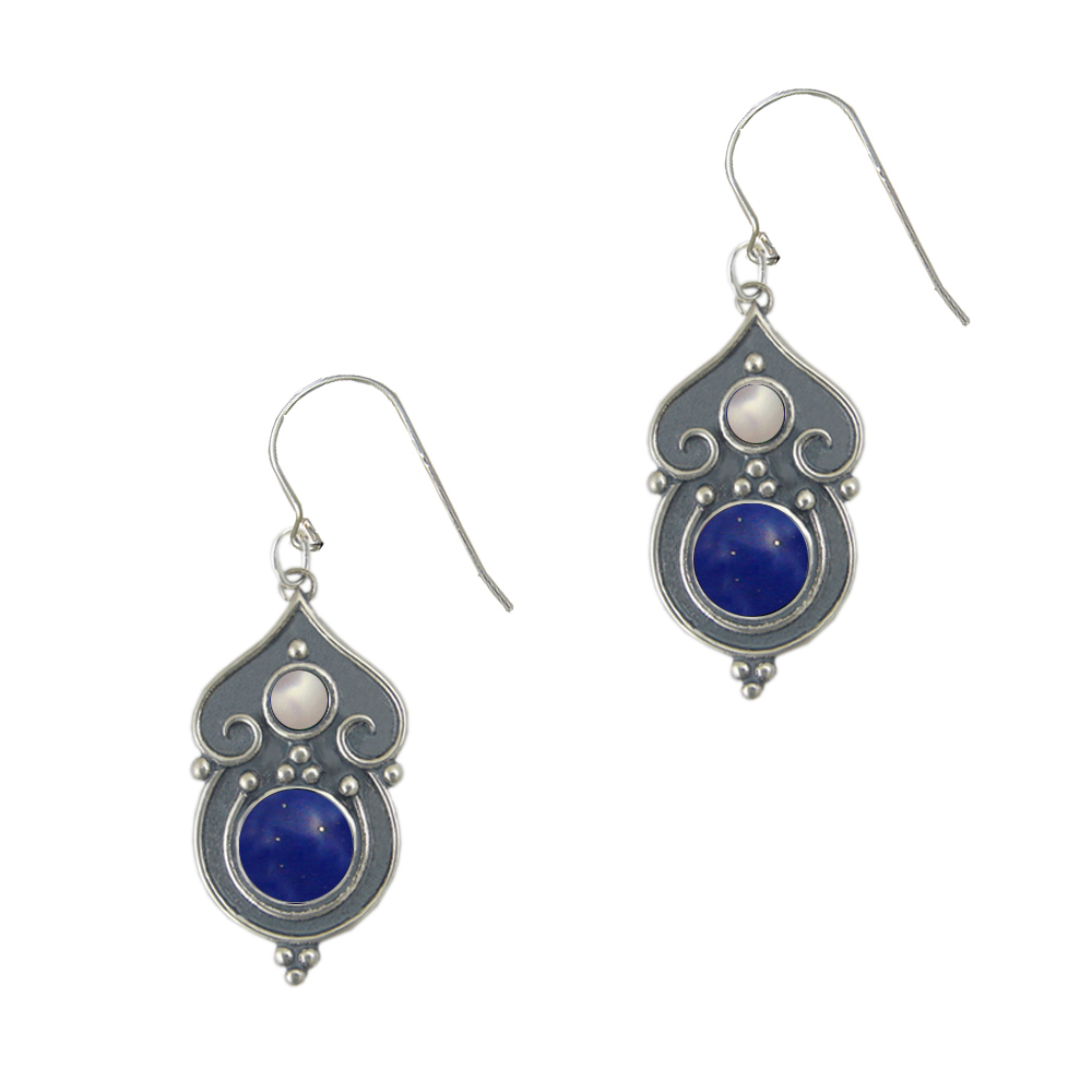 Sterling Silver Gothic Inspired Drop Dangle Earrings With Lapis Lazuli And Cultured Freshwater Pearl